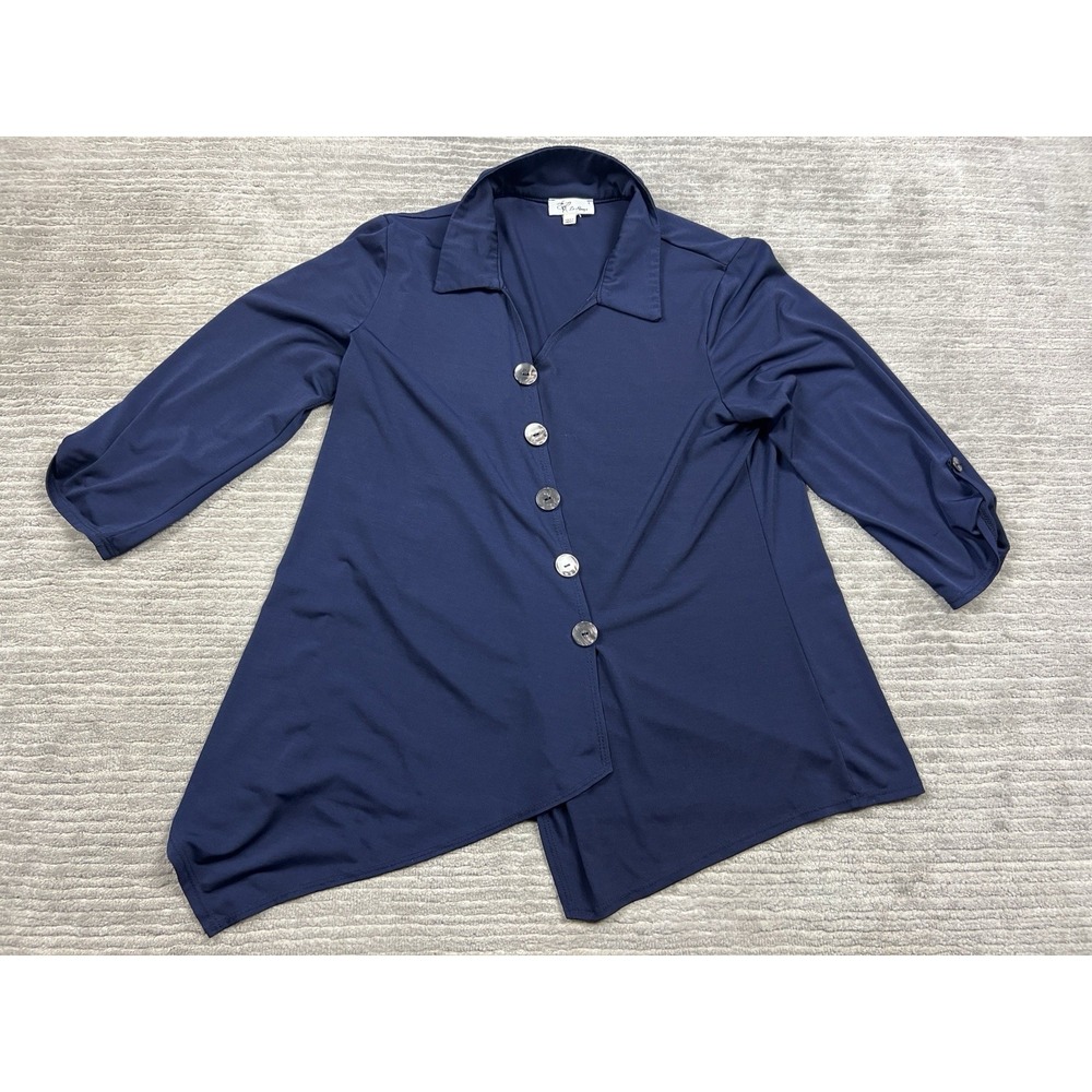 Le Rouge Top Womens Large Blue 3/4 Sleeve Assymetric Hem Tunic‎ Button Front